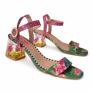 Betsey Johnson Floral Block Heel Sandals Size 8.5 Clear Heel Statement Shoes